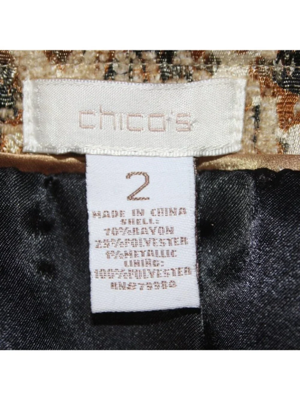 Chicos Jacket Sz 2 Tan Black Buttons Pockets Rayon Polyester Metallic Jacket - Picture 7 of 10